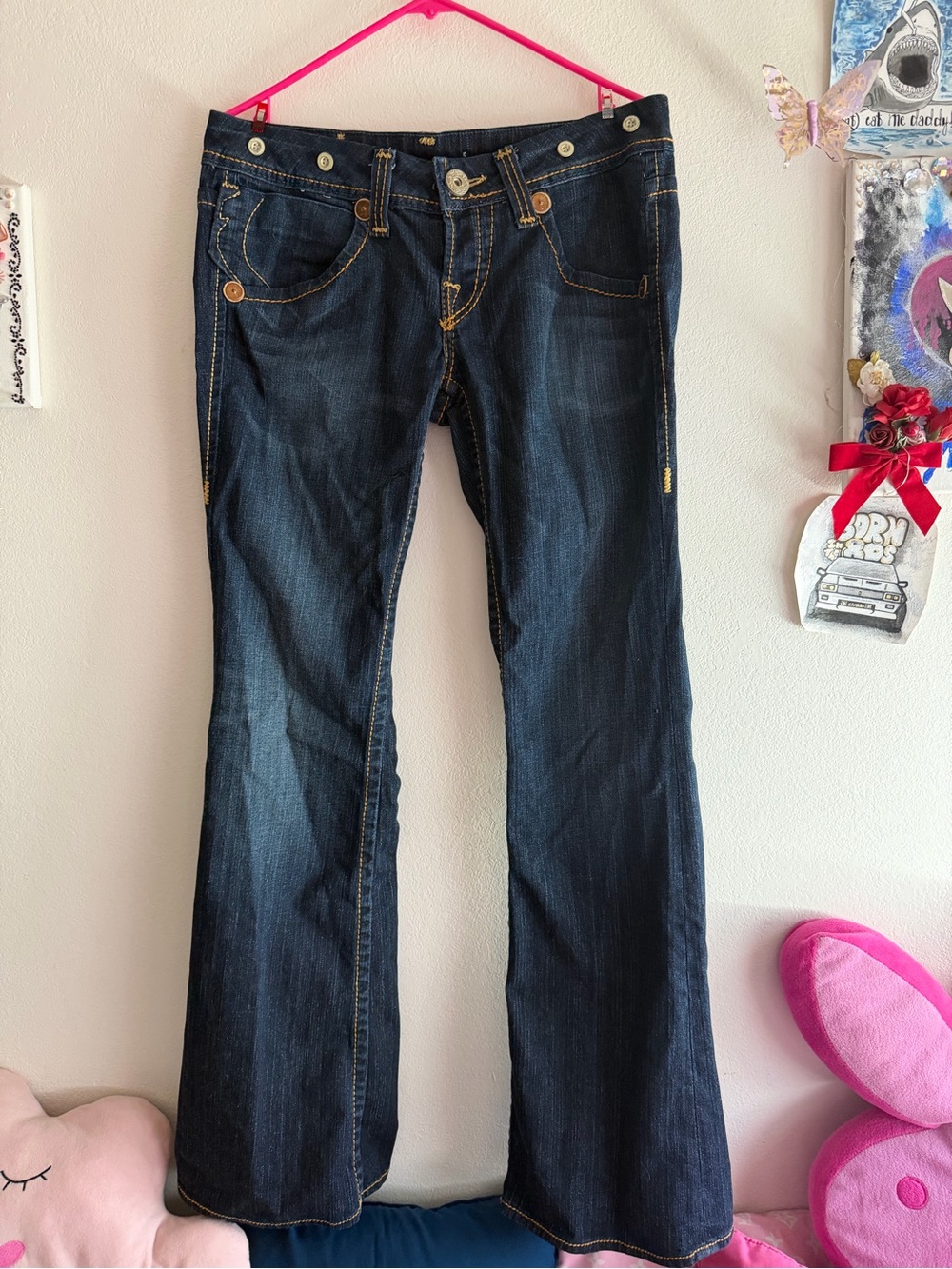 True Religion Dark Blue Vintage Flare Jeans with Contrast Stitching EUC Size 31